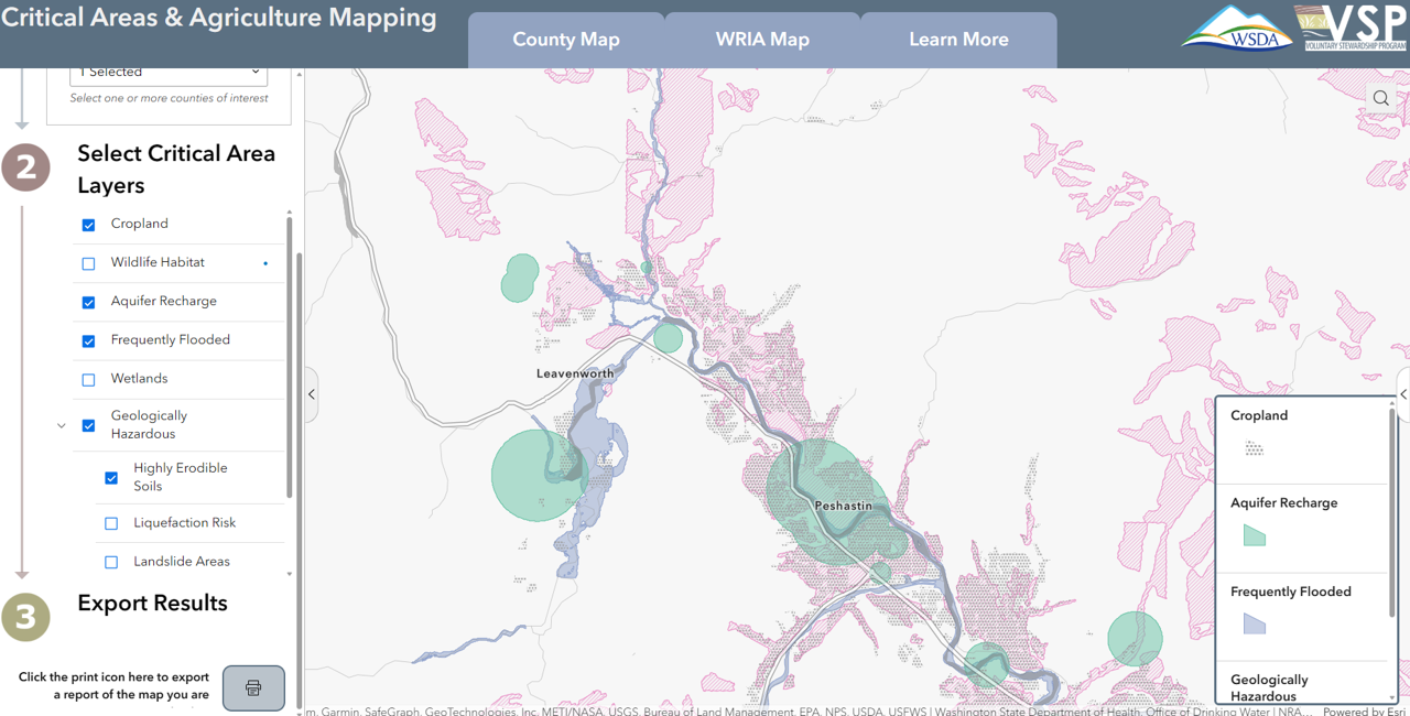 Screenshot of mapping tool with cropland, aquifer recharge, frequently flooded, and highly erodible soils layers.