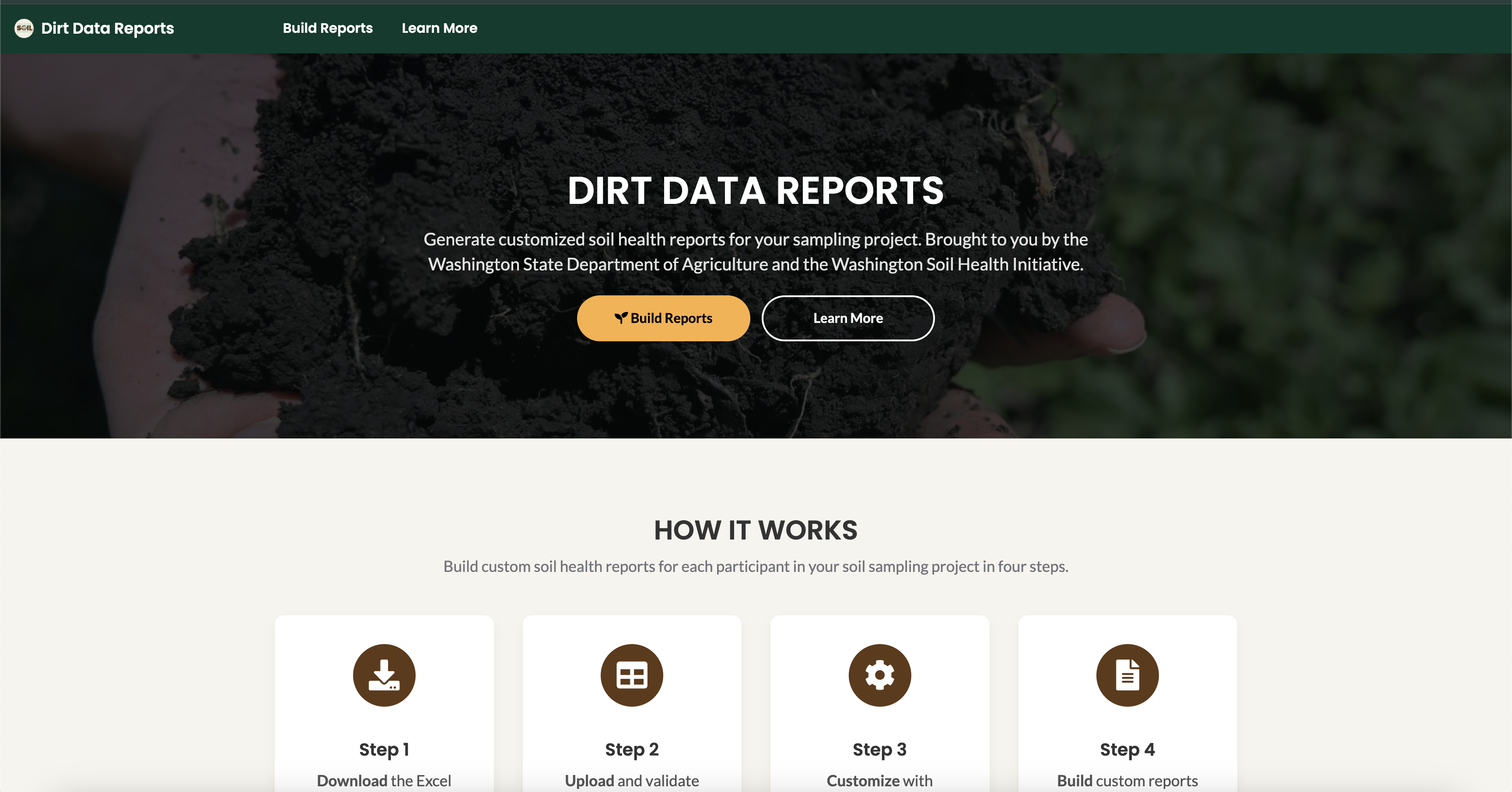 Screenshot of Dirt Data Reports app home page